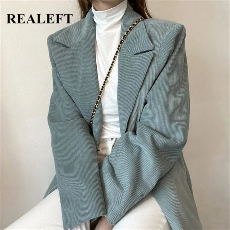 

REALEFT 2021 Vintage Women's Corduroy Suit Coat Fashionable Korean Style Solid Color Long Sleeve Winter Outwear Blazers Female