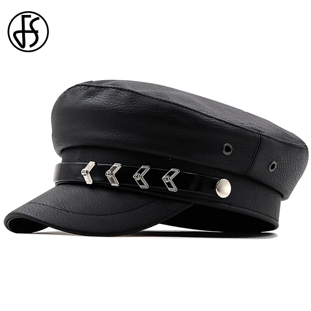

FS Black PU Leather Military Hat Street Hipster Octagonal Hats For Women Winter Retro Personality Chain Flat Top Beret Femme