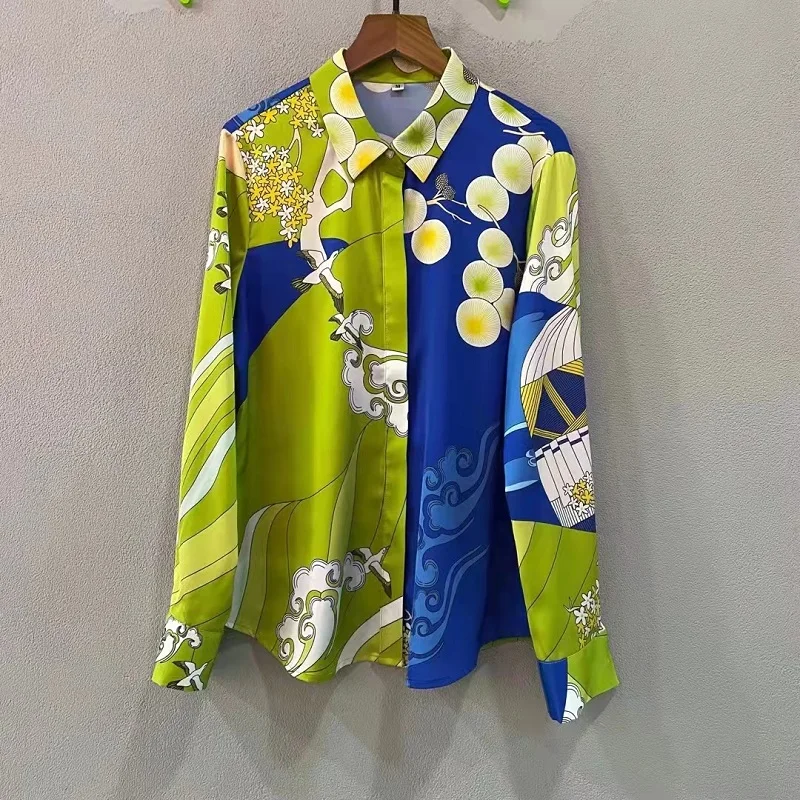 100%Silk Shirts 2022 Spring Summer Fashion Blouses Women Turn-down Collar Chic Prints Long Sleeve Casual Elegant Work Shirts