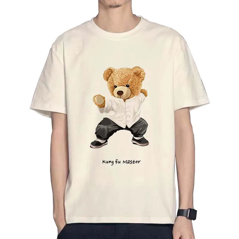 

Mens Tops Summer Short Sleeve Streetwear T-shirt Men Cool Kung Fu Bear Print Vintage Clothes Tshirt Black T-shirts Boys Girls