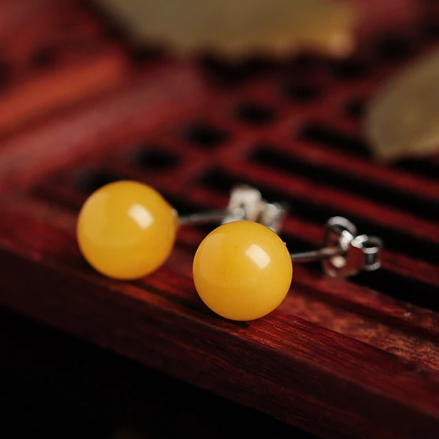 925 Серебряный набор Натуральный Янтарный шар серьги гвоздики желтый медовый воск