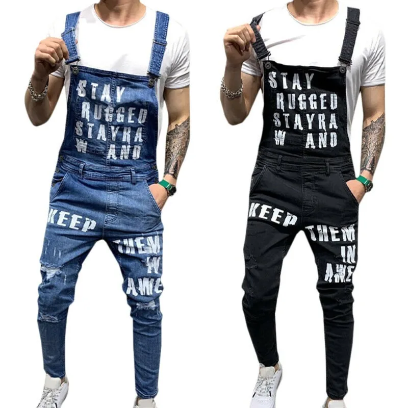 

Men Distressed Denim Overalls Suspender Trousers Bib Pants Skinny Jean Jumpsuits
