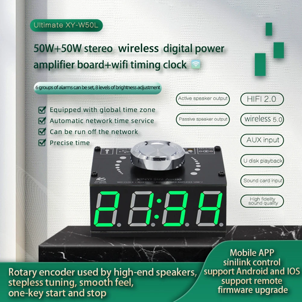 

XY-W100L 50Wx2/100Wx2 WiFi Clock Amplifier Board APP Control Audio Module Stereo Digital Bluetooth-Compatible Speaker Modulator