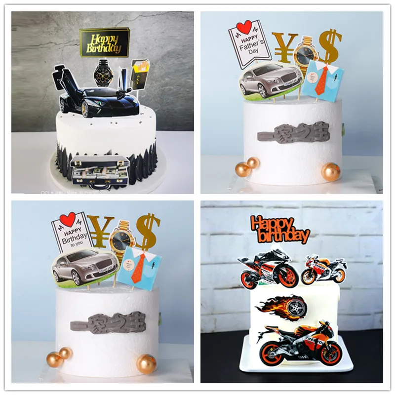 Father's Day Sports car Cake Topper Money Wristwatch DIY Birthday cake Toppers Boys Men Happy Party Dessert Decor Flags | Дом и сад