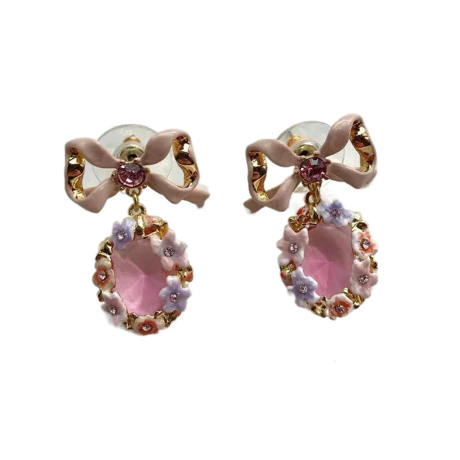 

Pink bow knot gemstone flower earrings wedding luxury stud earring