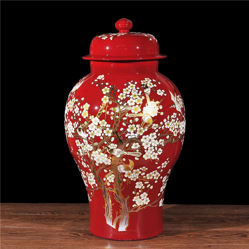 Китайская винтажная керамическая баночка с крышкой большая красная дизайном