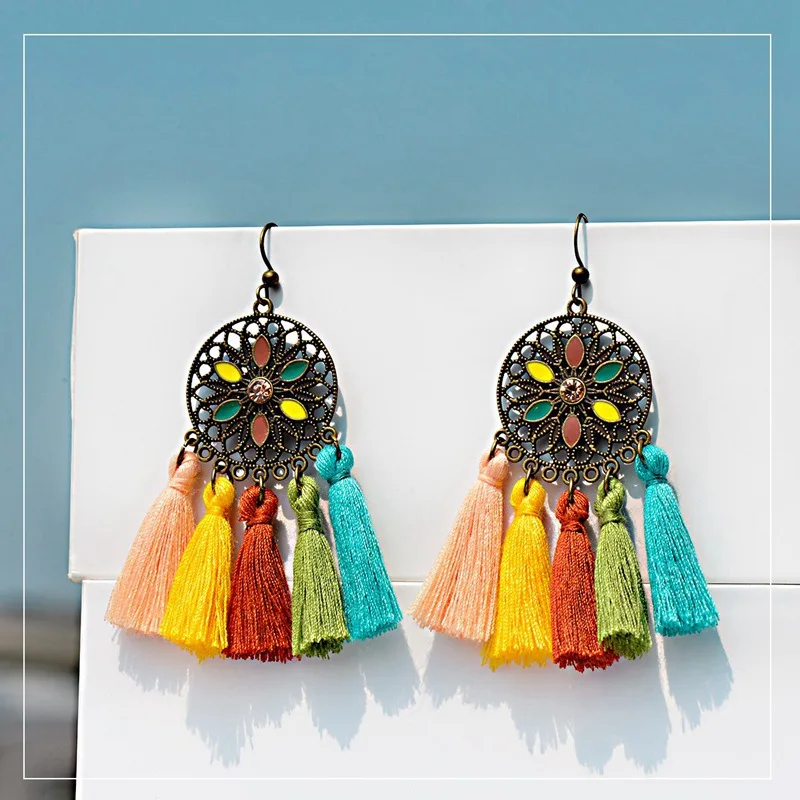 OIQUEI женские разноцветные Серьги с бахромой Bohe этнические круглые полые эфирные