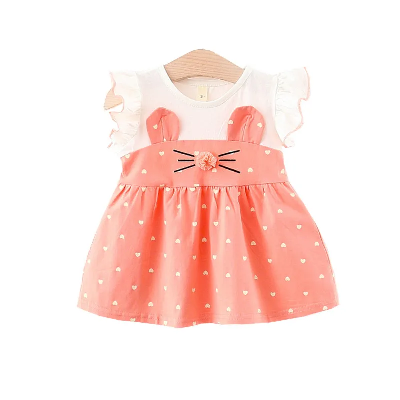 

2021 summer new girl dress 0-3 years old female baby cartoon flying sleeve printing cute cotton fake two piece stitching dress