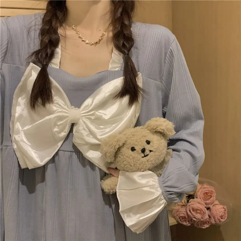 QWEEK Pajamas for Women Solid Color Square Collar Bow Pijamas Flared Sleeves Pyjamas Sleepwear Spring Autumn Home Clothes Cute