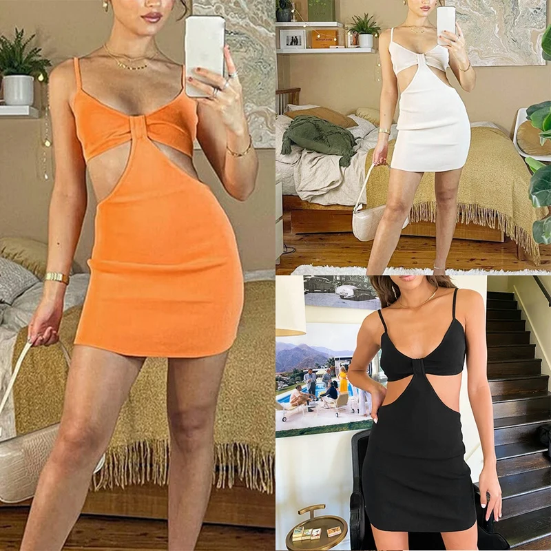 

Летние однотонные Цвет слинг с открытой грудью Модные полые кружева шить мини платье