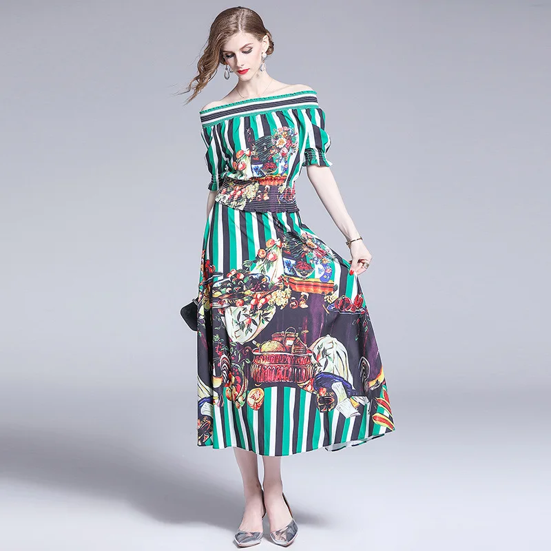 M-XXL spring summer woman dress vintage pattern black white green strip slash collar fashion calf length | Женская одежда