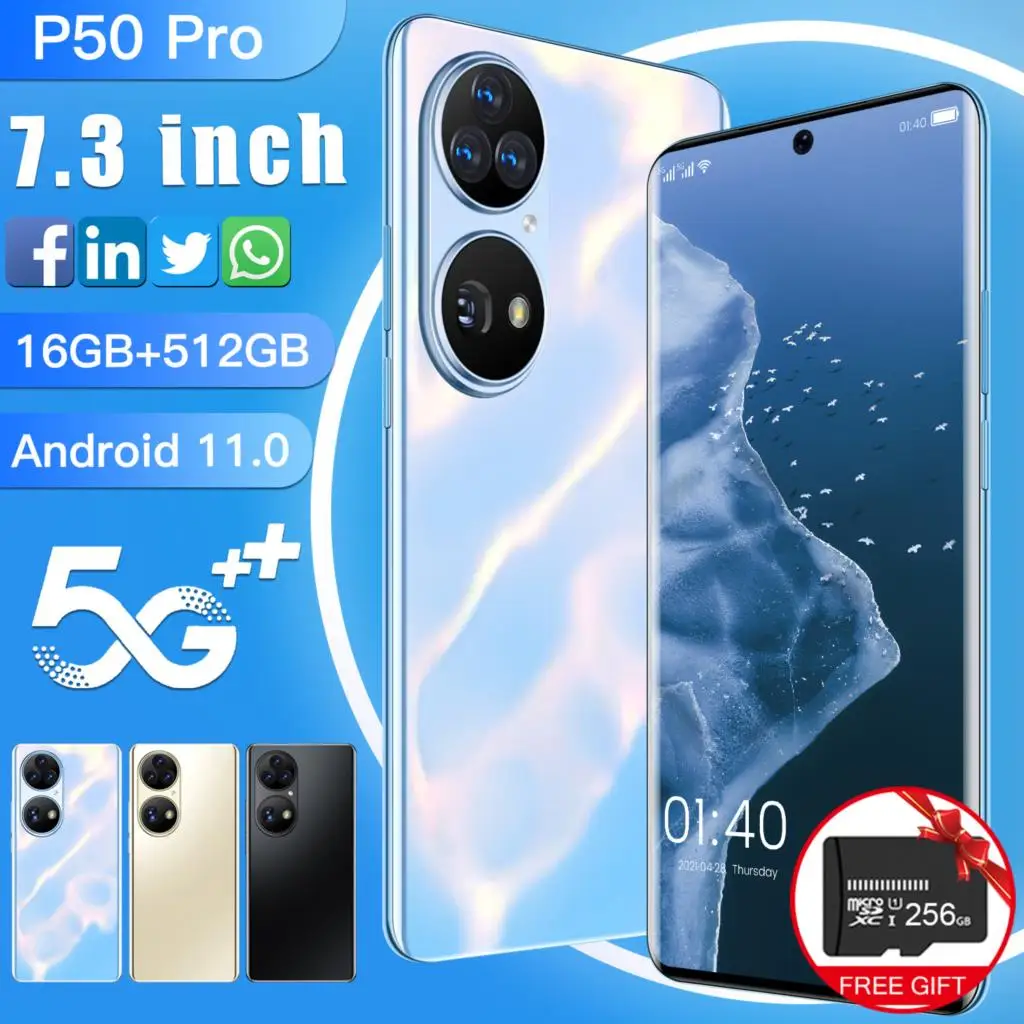 

P50 Pro 10Cores Smartphone Android 11 5G Network 16GB+512GB 32MP+64MP Mid-Drilled Screen 8000mAh Face Recognition Featured Phone