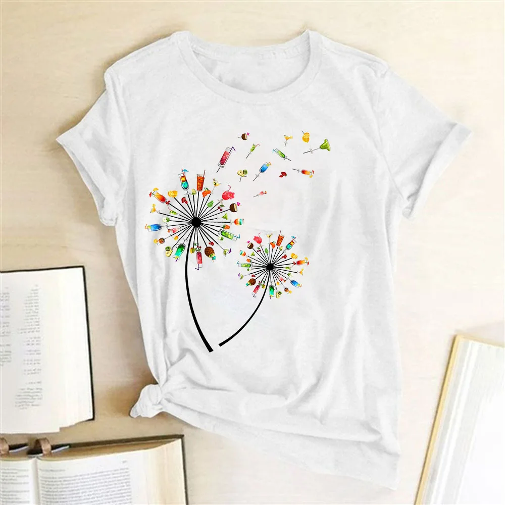 

2021 New Funny Women Graphic Tshirt Dandelion Print Short Sleeve Loose Shirt Femme Summer T-shirt for Beach Holiday Top Mujer