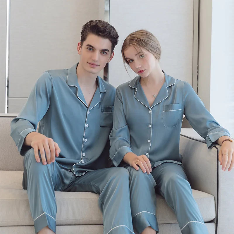 

Solid Colors Satin Pajamas Set Couple Pajamas Women Spring and Autumn Long-sleeved Cardigan Home Suit Large Size Home Clothes