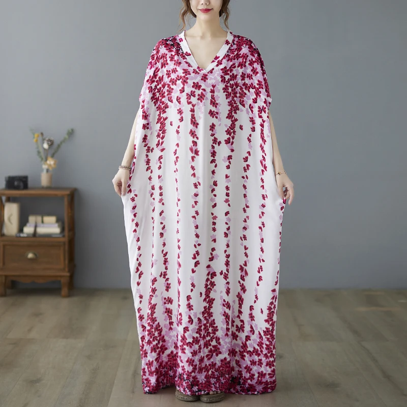 

Plus Size Summer Women's Dress 2021 Floral Printing Large Size V Neck Soft Long Ladies Oversized Loose Casual Robe Maxi Dress