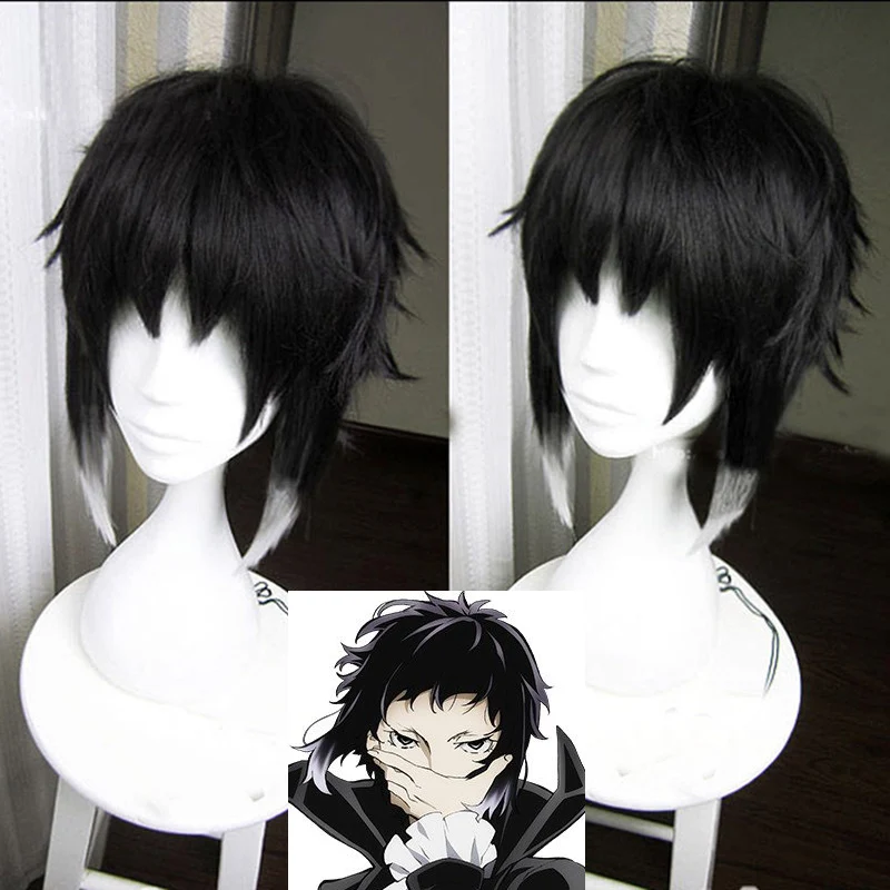 

Bungo Bungou Stray Dogs Ryunosuke Akutagawa Short Black With White Wig Heat Resistant Hair Cosplay Costume Wigs + Free Wig Cap