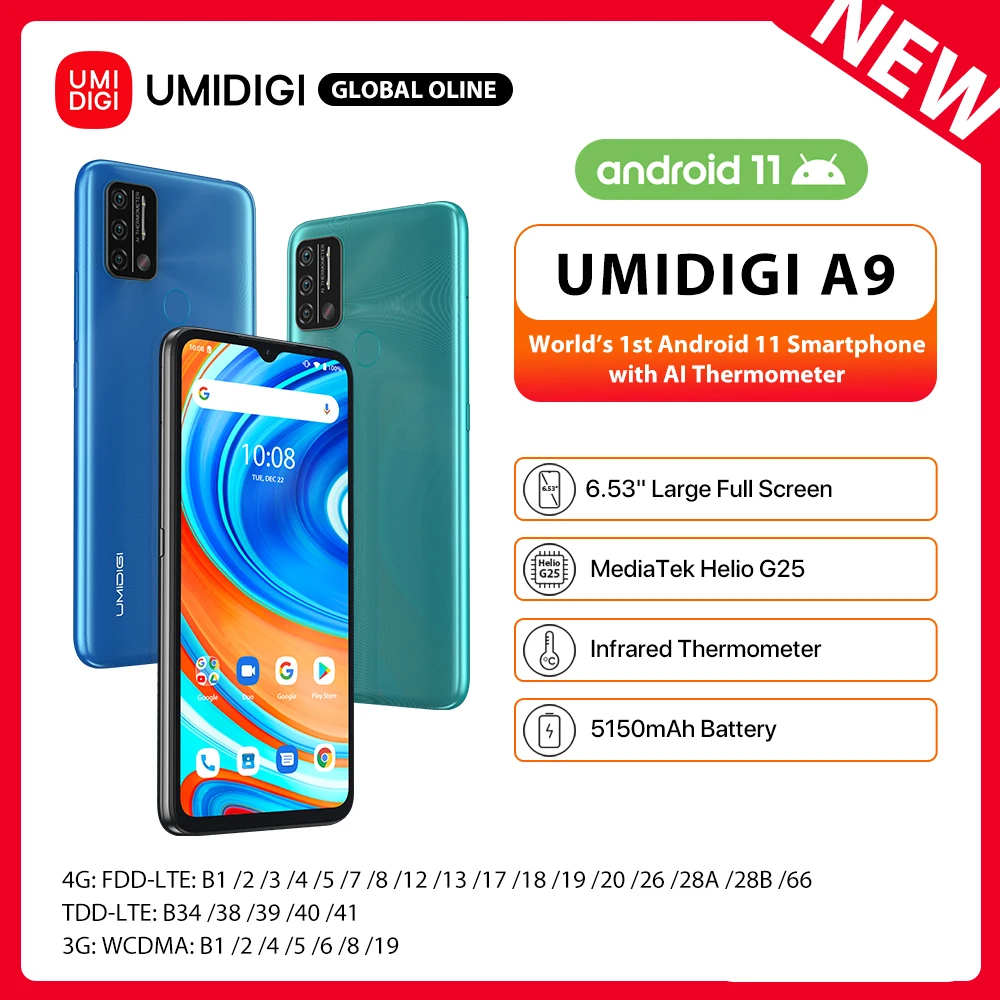 UMIDIGI A9 Android 11 Global Version Smartphone Helio G25 Octa Core 3GB+64GB 6.53
