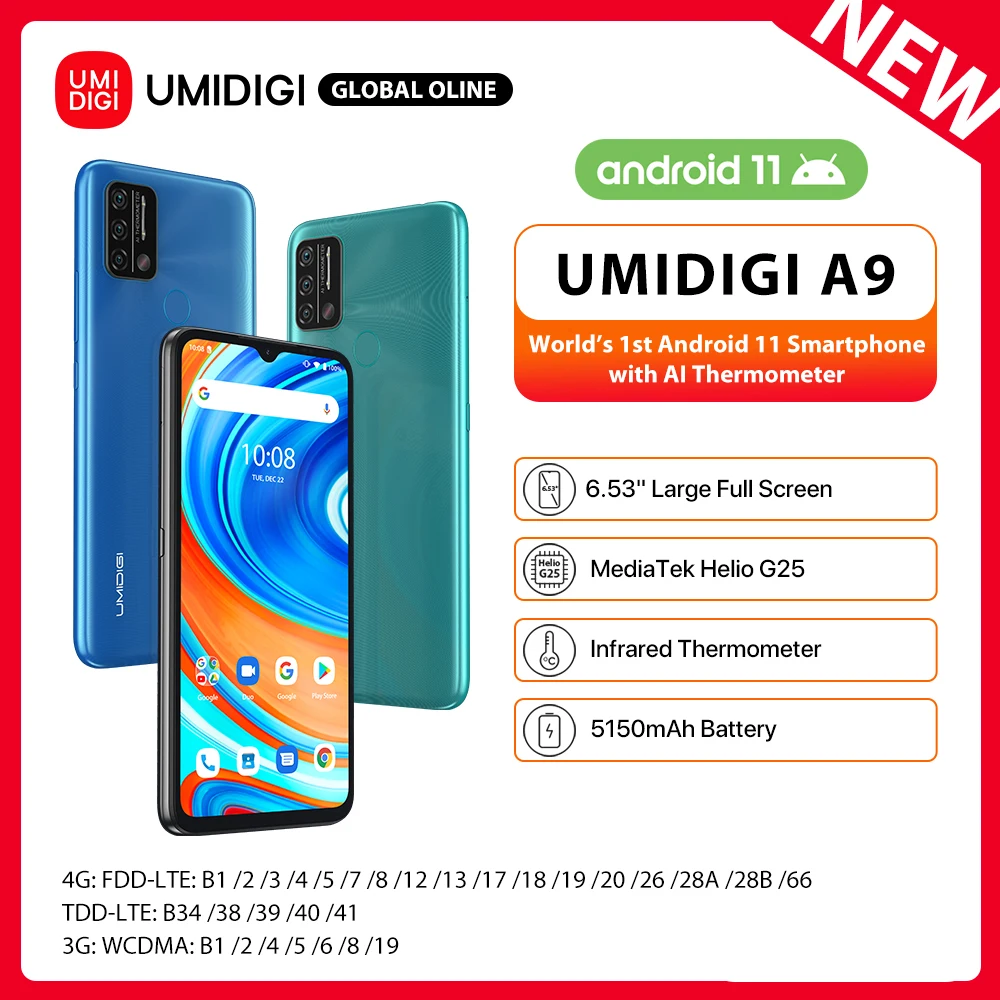 UMIDIGI A9 Android 11 Global Version Smartphone Helio G25 Octa Core 3GB+64GB 6.5313MP AI Triple Camera HD+ 5150mAh Cellphone
