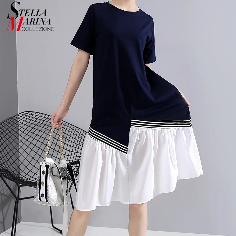 Женское платье повседневное синее до колена с коротким рукавом один размер