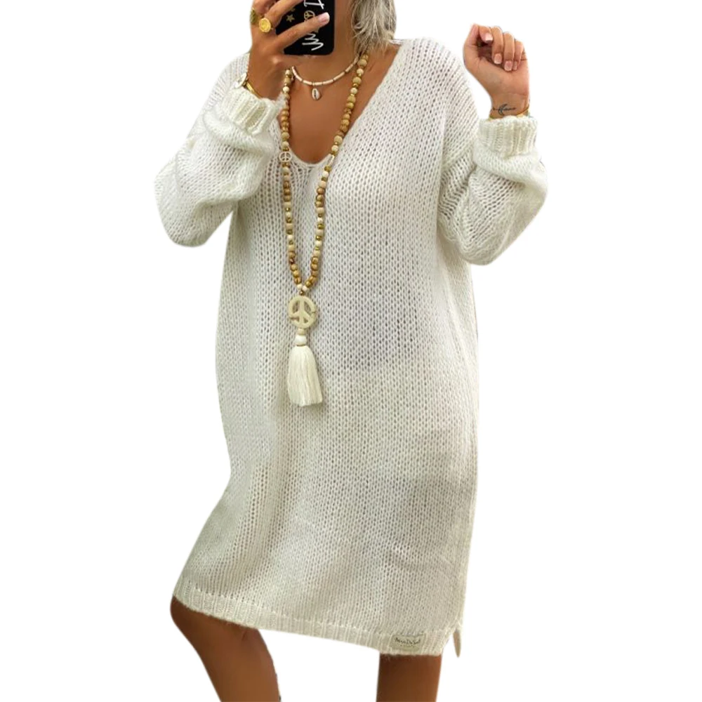 

VICABO V-Neck Solid Knitted Sweaters Dress Women Long Sleeve Slim Pullover Straight Above Knee Length Vintage Knitted Dresses