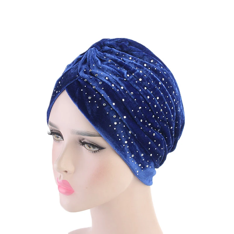 

Helisopus Winter Women Rhinestone Velvet Turban Elastic Twist Headwear Fashion Solid Color Ladies Elegant Hijab Hair Accessories