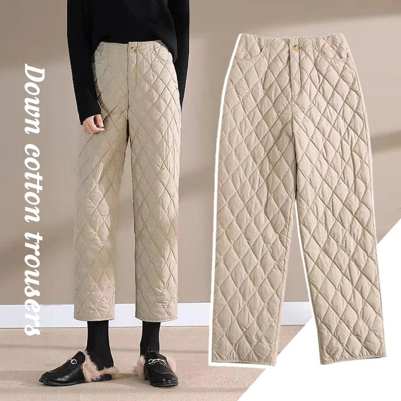 Women Winter Warm Down Cotton Pants Lightweight Plus Velvet Thicken Padded Quilted Trousers Elastic Waist Casual Trousers M-4XL