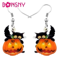 bonsny acrylic halloween black cat kitten pumpkin earring dangle drop festival jewelry for girls women teen charms gift hot sale