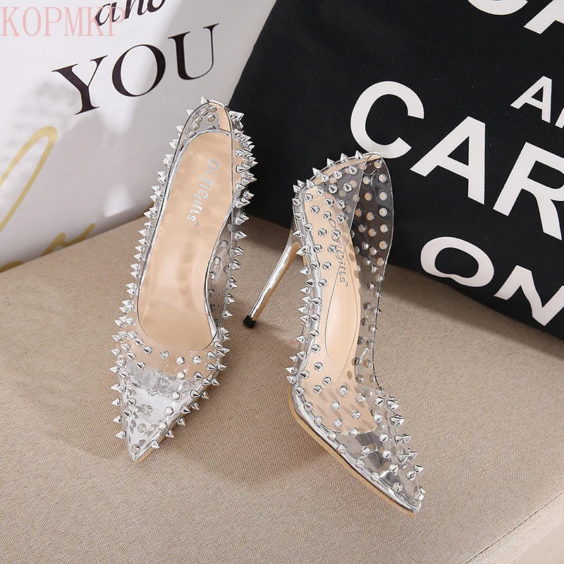 

2021 New Year's High Heels with Transparent Pointed Toes and Shallow Rivet Studs Heels Women