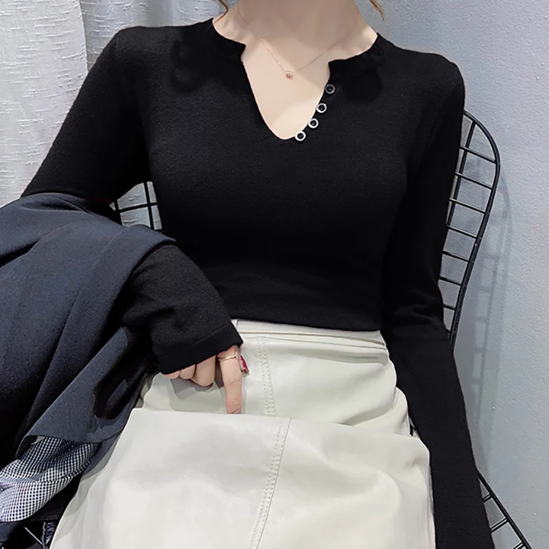 

2020 Spring Autumn Thin Kintted Tshirt Women Korean Black V Neck Slim Long Sleeve Soft T-shirty Damskie Camiseta Mujer Polera