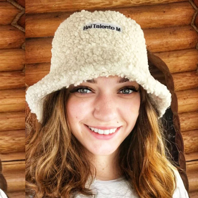 

Sweet and Cute Wild Letter Pure Color Lamb Plush Basin Men and Women Hats Tide Simple Wild Outdoor Fisherman Hat