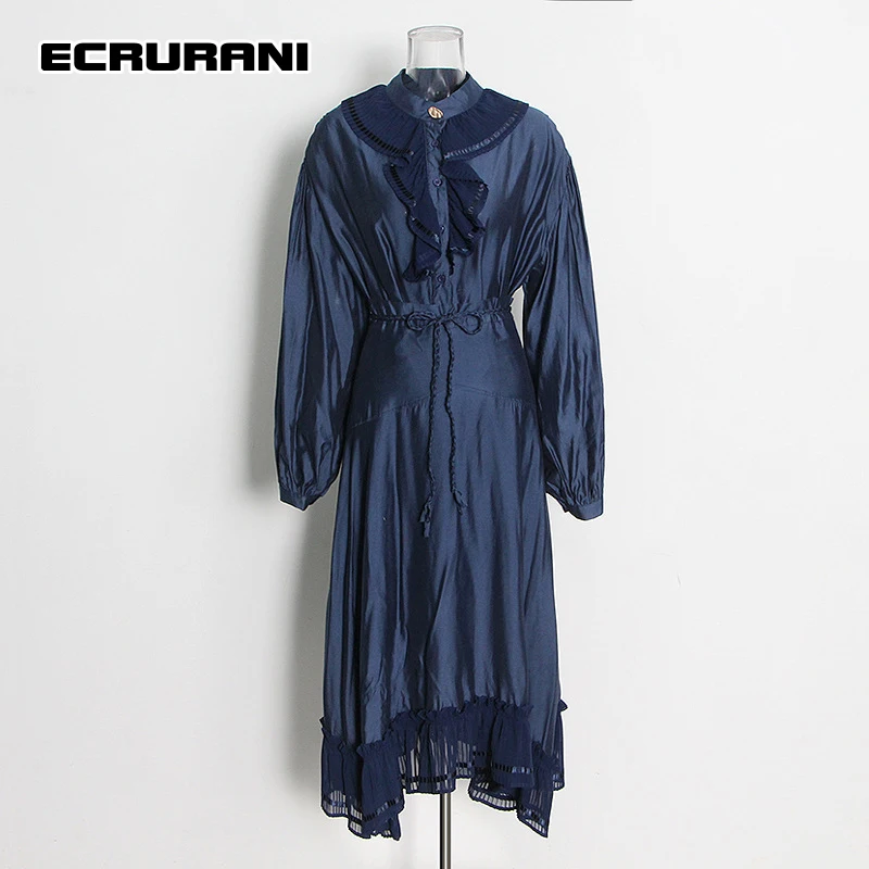 ECRURANI Blue Two Piece Set For Women Stand Collar Lantern Long Sleeve Tops High Waist Slimming Skirts 2021 Females Skirt Suits