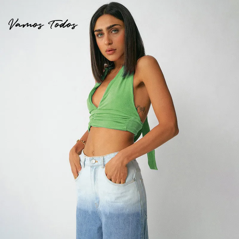

2021 Summer Women Fold Halter Top Female Clothing Vest Tunics Backless Wrap Deep V Tank Top For Club Party Holiday Vamos Todos