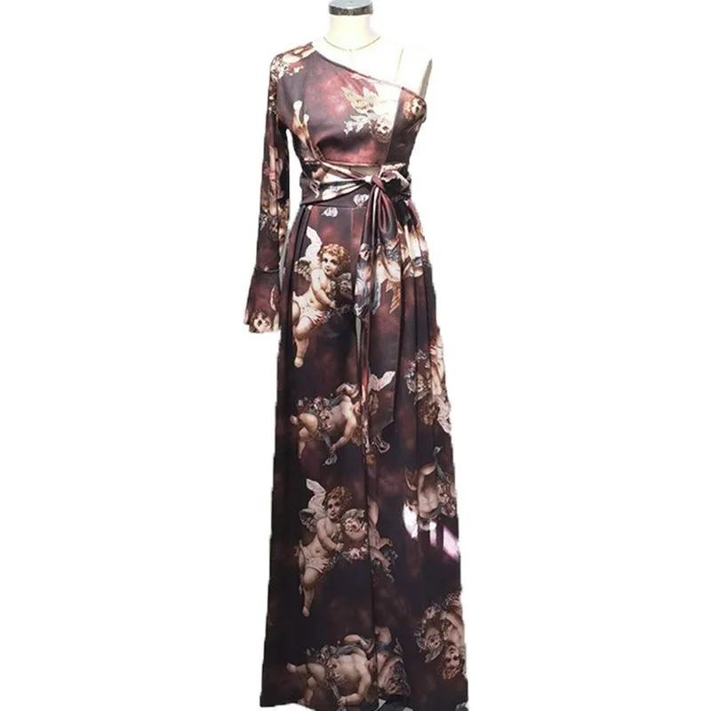 

Elegant women's jumpsuit new jumpsuit Splicing solid color pants suit printed one-shoulder sleeves lace-up jumpsuit 2-piece suit