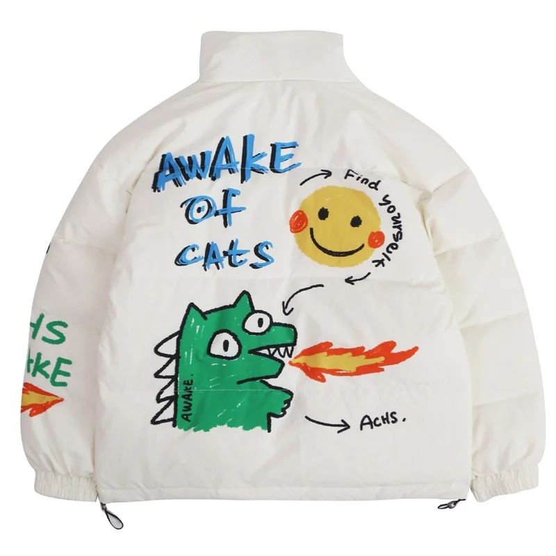 

Зимний теплый пуховик для мужчин, мультяшный динозавр, граффити, уличная одежда в стиле хип-хоп, утепленные парки, Женская ветровка, Повседн...