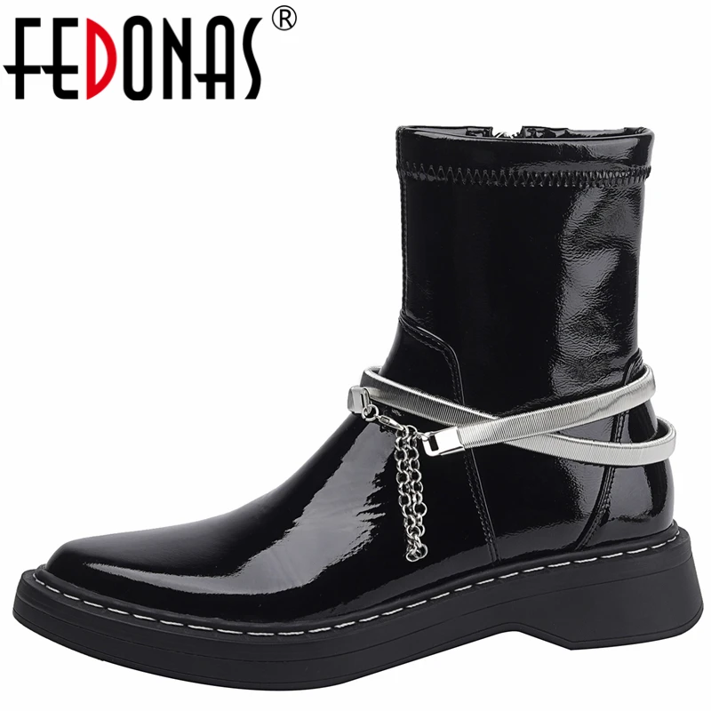 

FEDONAS Working Casual Women Ankle Boots Sewing Genuine Leather Stretch Boots 2021 Autumn Winter Metal Decoration Shoes Woman