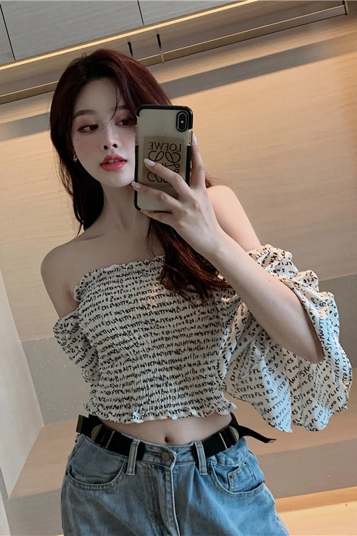 

COIGARSAM blouse women New Summer Flare Sleeve High Waist blusas womens tops and blouses White Black 5802
