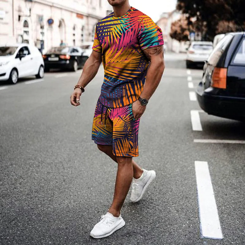 

2021 Summer New Plant Leaves Printing Trend Men's Street Fashion Casual Slim Shorts Set T-Shirt 2-Piece Sets