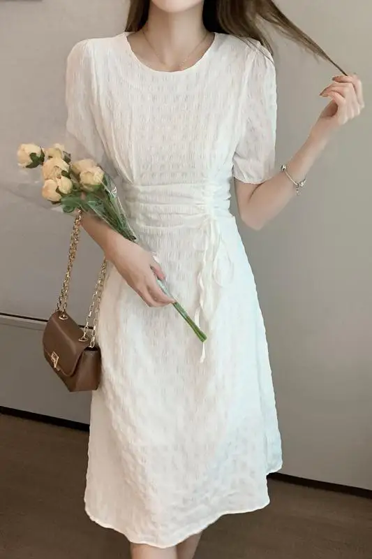 

COIGARSAM Women Long dress New Summer Pleated Dresses White 2071