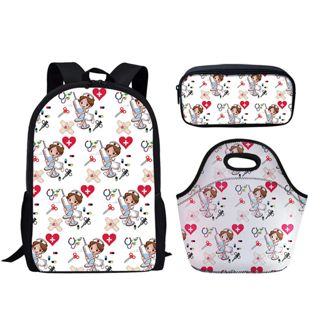 HALYUNASC Fashion 3PCs/Set Children's School Backpack Cartoon Bear Nurse Pattern School Bags Teenagers Book-Bags Set
