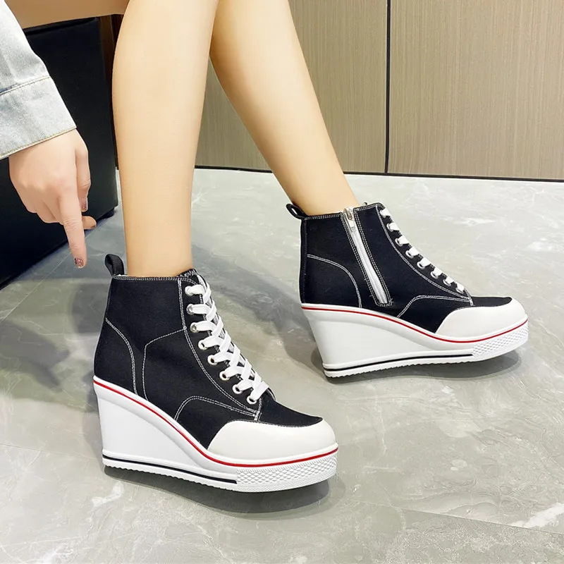 

2021 Spring and Autumn White Waterproof Platform Pure Color High Top Large Size Increase Casual Shoes Women Zipper Canvas Shoes