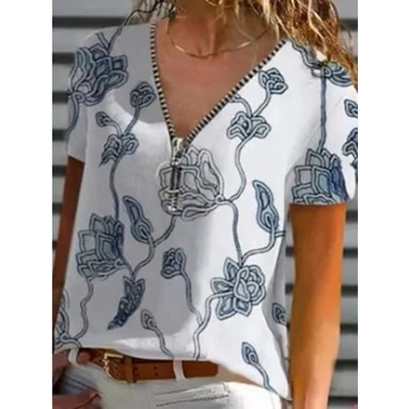 

New Summer Women's Printed V-neck Zipper Casual Loose Short-sleeved T-shirt Fashion Sexy T-shirt Top Plus Size Clothing