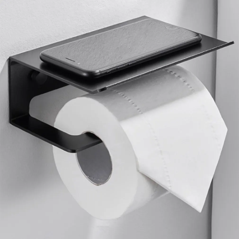 

Wall Mounted Black Toilet Paper Holder Tissue Paper Holder Roll Holder With Phone Storage Shelf Bathroom Accessories