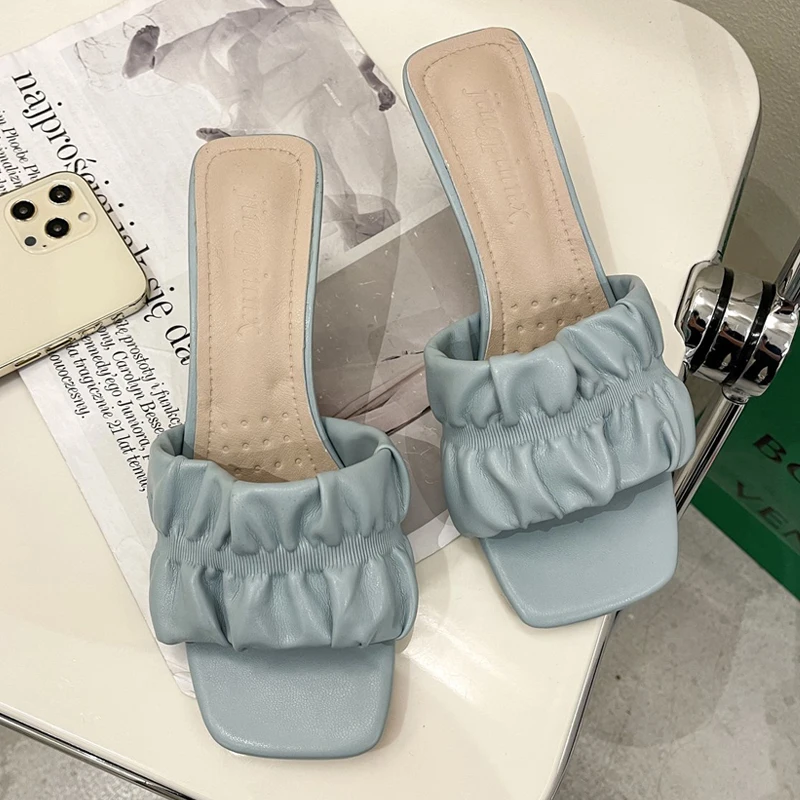 

Women Summer New Pleated High Heels Female Thin Heels Sandals Slippers Ladies Luxury Party Soft Bottom Slides