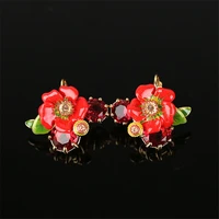 european and american enamel glaze red flower green leaf bride earrings female cold ins crystal zircon stud earrings earrings