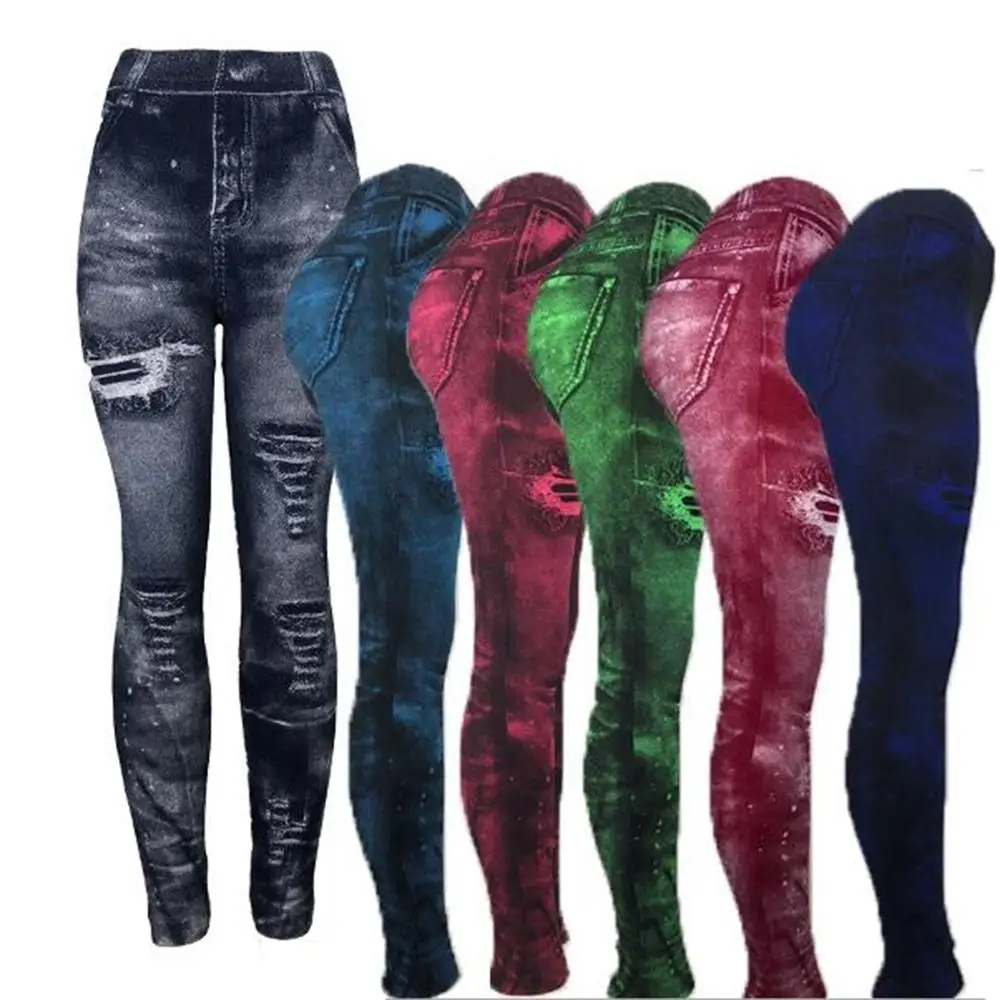 

Women 2021 Imitation Distressed Denim Jeans Leggings Casual High Waist Slim Elastic Pencil Pants Sport Leggins Femal Push Up
