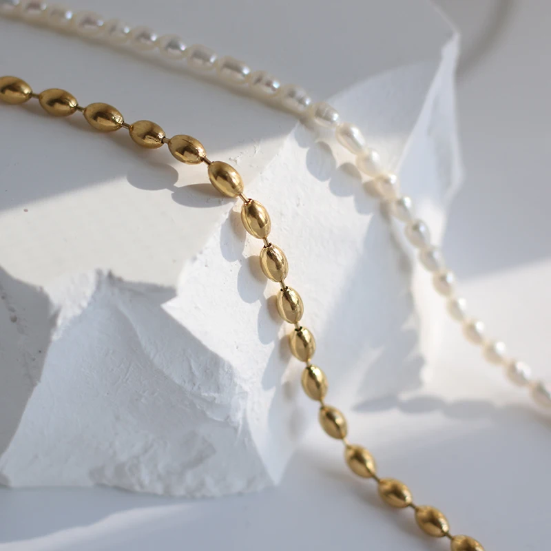 

2021 Summer New Stainless Steel Freshwater Pearl Necklaces For Women Luxury Chain Collar Necklaces 18 K Metal Gold Jewelry Gift