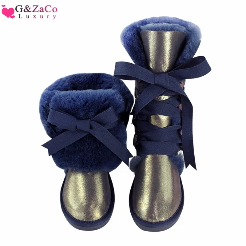 G& Zaco/Роскошные зимние сапоги из овечьей кожи; австралийские зимние сапоги до колена из натуральной шерсти; сапоги на овечьем меху; женские высокие сапоги до колена на плоской подошве с бантом