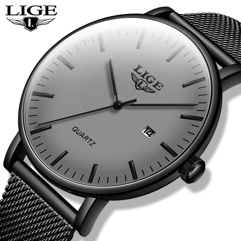 Новинка серые наручные часы LIGE из нержавеющей стали высокое качество