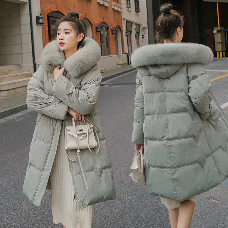 2021 Down Cotton Jacket Women's Mid-length Casual Zipper Thicken Warm Winter Coat Women Large Fur Collar Solid Color Parkas