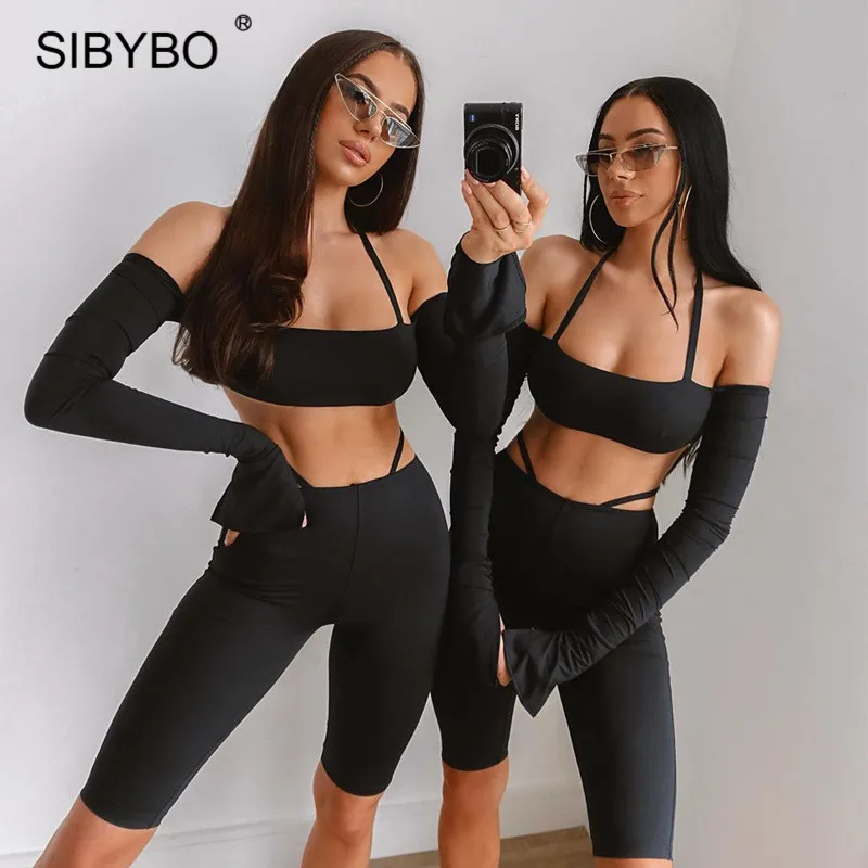 Женский Короткий Комплект SIBYBO спортивный костюм черного цвета из 2 предметов с